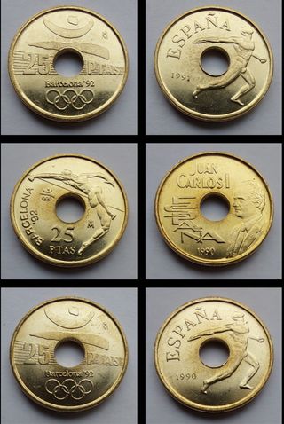 LOTE 15 MONEDAS 25 PESETAS AGUJERO 1990-2001 