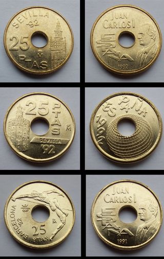 LOTE 15 MONEDAS 25 PESETAS AGUJERO 1990-2001 