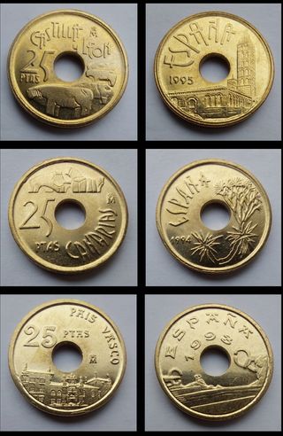 LOTE 15 MONEDAS 25 PESETAS AGUJERO 1990-2001 