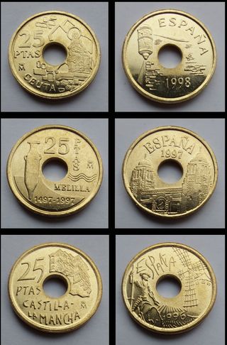 LOTE 15 MONEDAS 25 PESETAS AGUJERO 1990-2001 