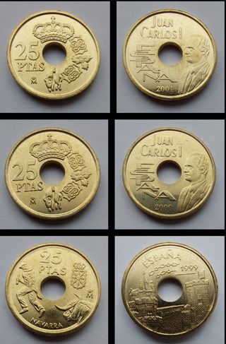 LOTE 15 MONEDAS 25 PESETAS AGUJERO 1990-2001 