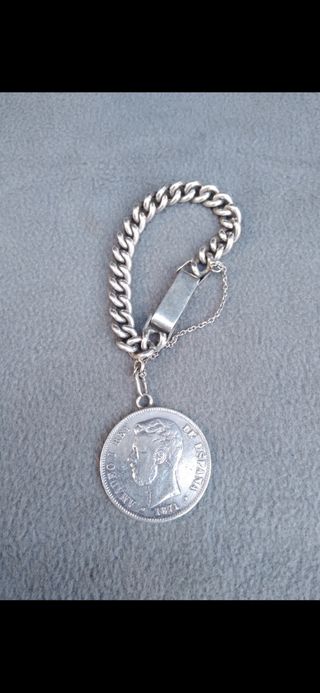 Plata 925 (62g) Antigua pulsera grande con moneda.