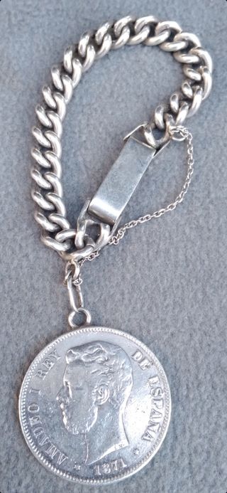 Plata 925 (62g) Antigua pulsera grande con moneda.