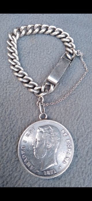 Plata 925 (62g) Antigua pulsera grande con moneda.