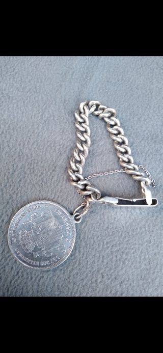 Plata 925 (62g) Antigua pulsera grande con moneda.
