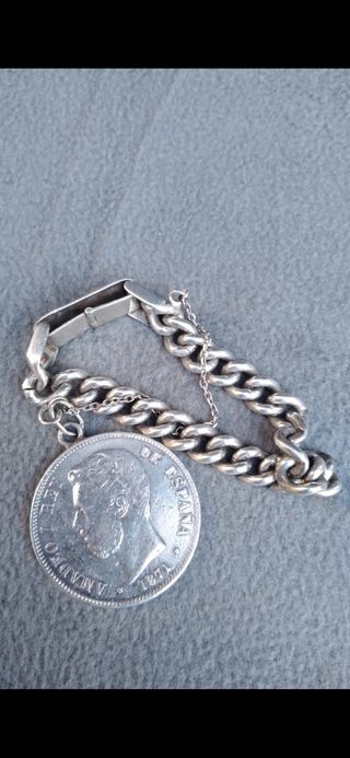 Plata 925 (62g) Antigua pulsera grande con moneda.