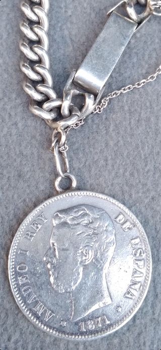 Plata 925 (62g) Antigua pulsera grande con moneda.