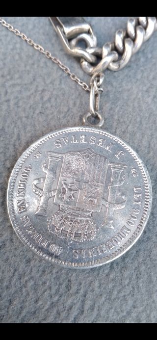 Plata 925 (62g) Antigua pulsera grande con moneda.