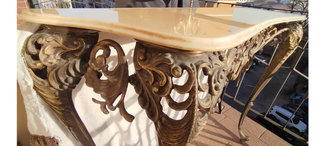 Tavolo console da parete in ottone con specchio