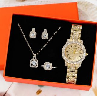 ✅️Reloj cuarzo pendientes anillo collar color oro