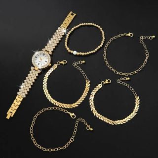 ✅️Reloj de cuarzo con 5 pulseras color oro