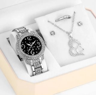 Reloj cuarzo pendientes collar anillo color plata