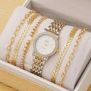 ✅️Reloj cuarzo mujer con 5 pulseras color oro