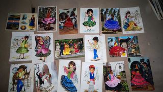 Postal bordada en tela, flamencas LOTES