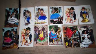 Postal bordada en tela, flamencas LOTES