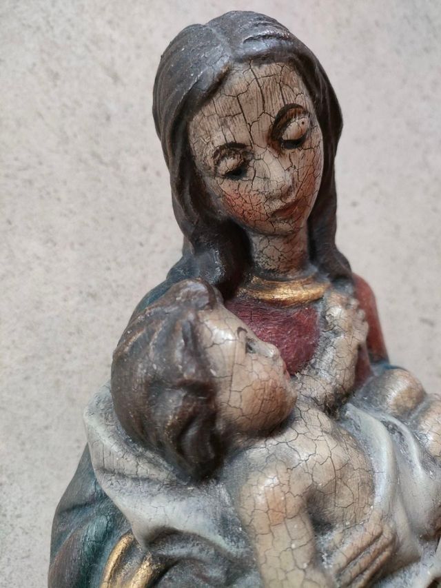 Statua Maria e bambino Gesù, legno, dipinta a mano