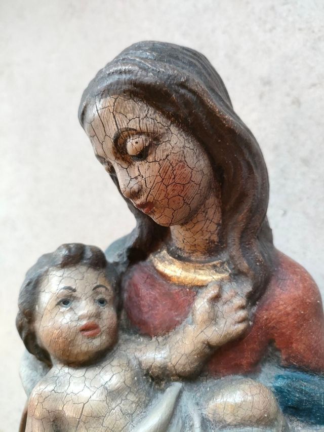 Statua Maria e bambino Gesù, legno, dipinta a mano