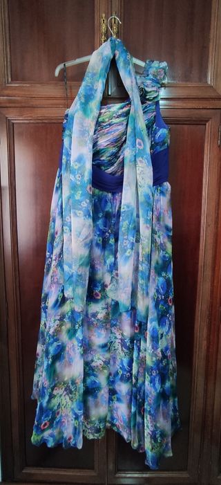 VESTIDO FIESTA UN SÓLO HOMBRO CON FULAR