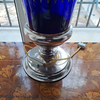 lampara de metal y cristal azul antigua vintage