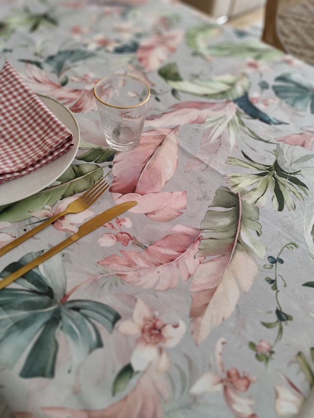 Mantel flores algodón tonos rosas gris