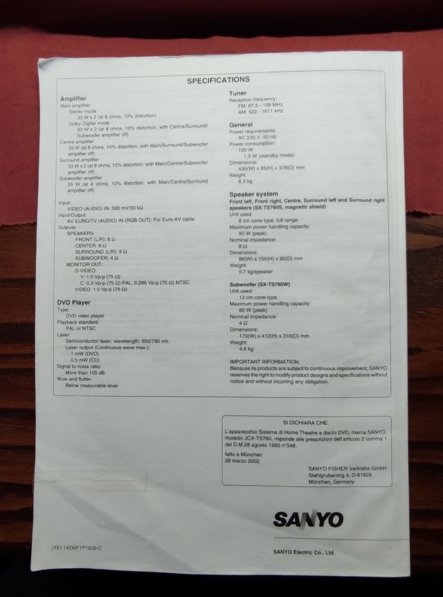 Home cinema Sanyo DC-TS760