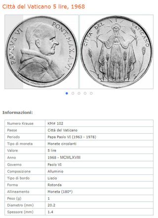 Moneta, Città del Vaticano, Lire 5, Papa Paolo VI
