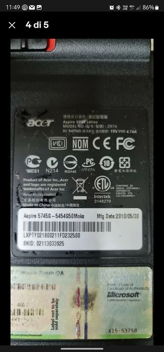 Motherboard Aspire 5745g completa di scocca e