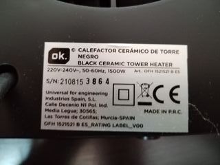 Calefactor cerámico marca OK --- 1 año de garantía