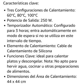 Tabla calentador platos eléctrico.