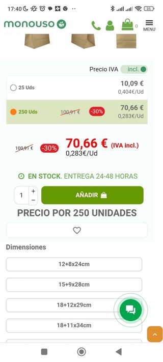 Caja de bolsas americanas grandes 250 unidades