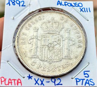 Moneda PLATA 5 Pesetas 1892 *(XX-92) ALFONSO XIII