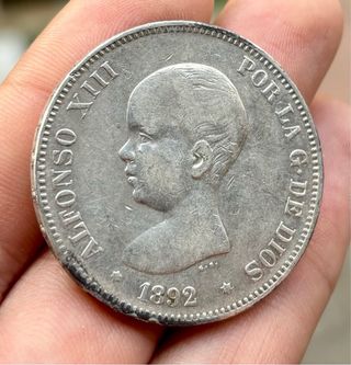Moneda PLATA 5 Pesetas 1892 *(XX-92) ALFONSO XIII