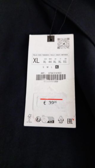 CAMISA ZARA HOMBRE TALLA XL SIN ESTRENAR