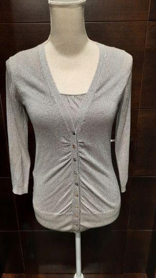 Top y chaqueta plateado mango M