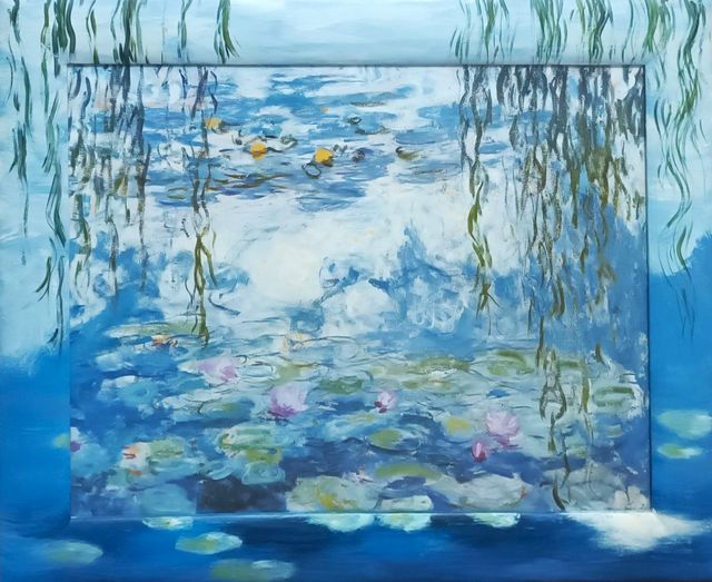 Quadro Monet, Ninfee, Con cornice dipinta a mano