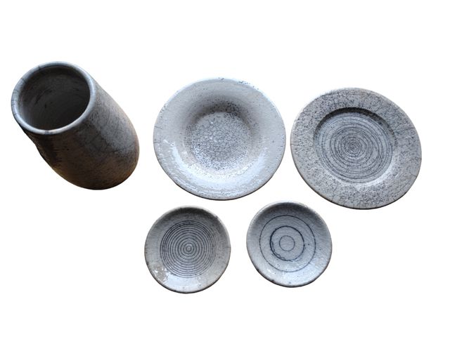 Jarrón y platos de cerámica raku Raffaele Piccoli