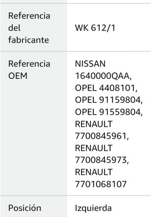 Filtro combustible Mann WK 612/1 Renault
