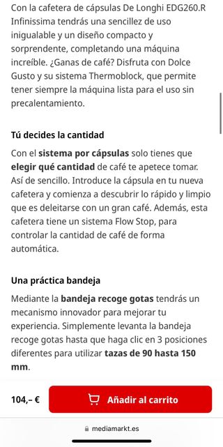 Cafetera cápsulas De Longhi EDG260.R Infinissima