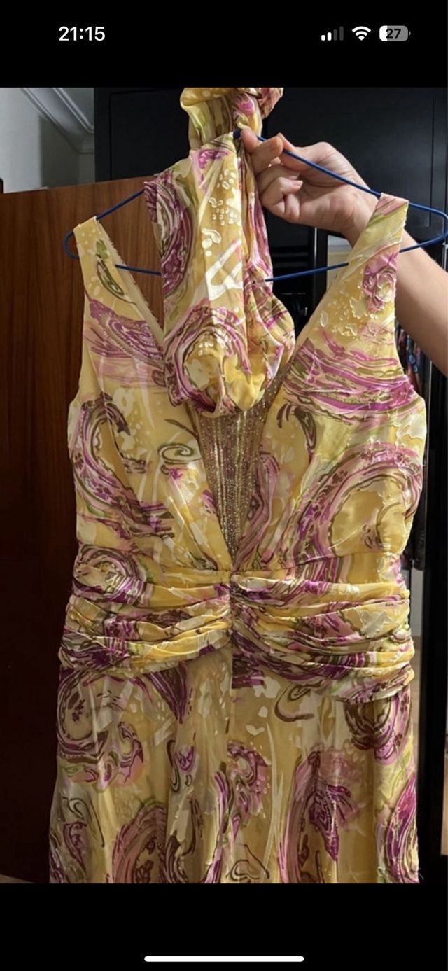 Vestido fiesta amarillo estampado