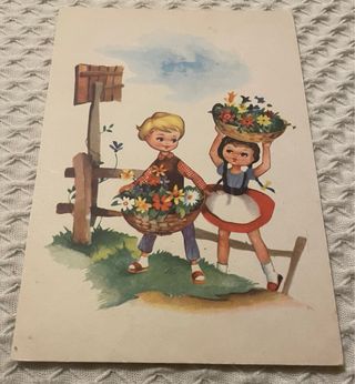 cartolina postcard bambini con fiori vintage 1963