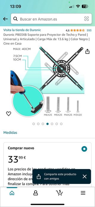 Duronic PB03XB Soporte para Proyector de Techo