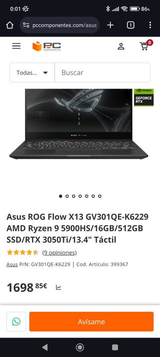 Portátil Asus ROG x13 Flow Ryzen 9 RTX3050