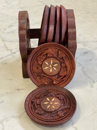 Set 6 sottobicchieri legno con contenitore