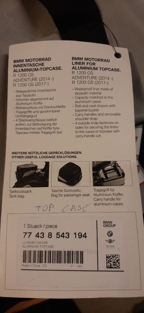 Bolsa interior ORIGINAL maletas Aluminio BMW GS
