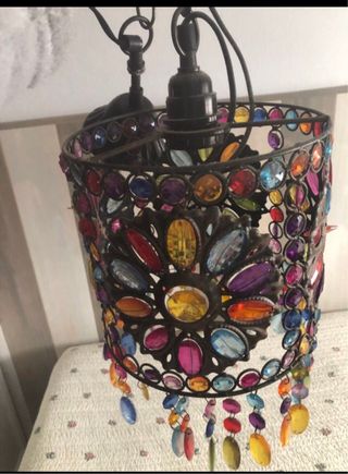 Lampara techo de forja y cristales de colores