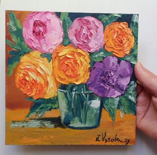 Flores Oleo Sobre Cartón Pintura Original Arte