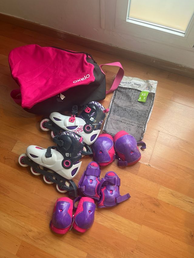 Patines, proteccionea y bolsa decathlon niña
