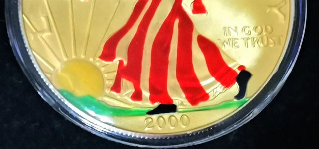 Onza de plata Liberty coloreada, año 2000.