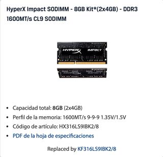 Memoria Kingston HiperX HX316LS9IBK2/8 2x4GB