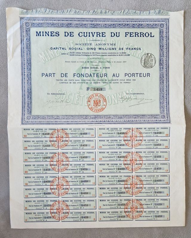 Acción de las minas de cobre de Ferrol 1907